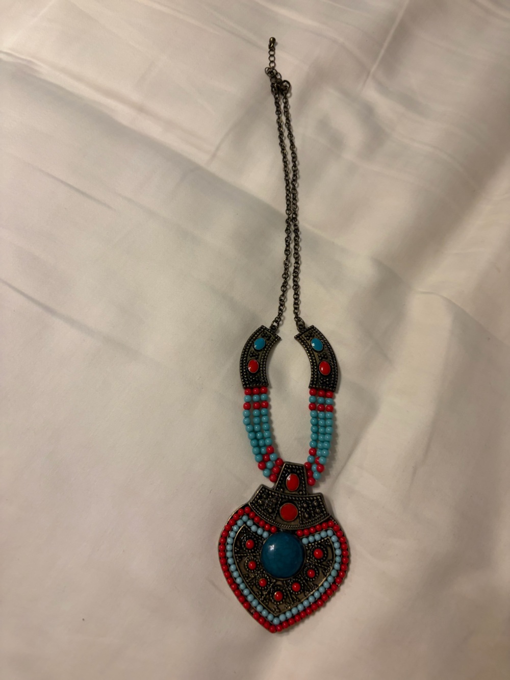 Bohemian Red & Turquoise Beaded Statement Necklace EUC